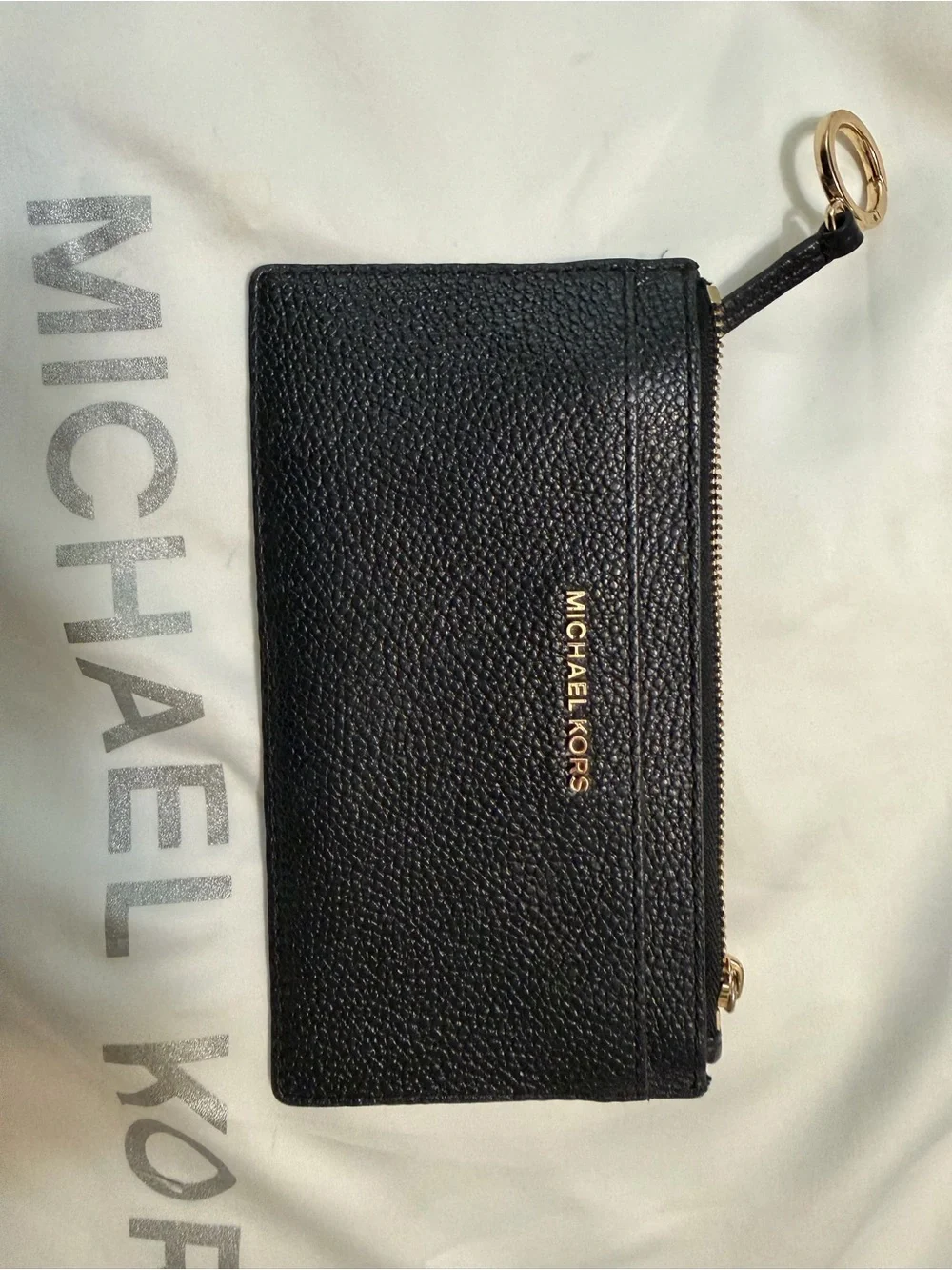 Michael Kors Black Pebbled Leather Zip Card Holder with Gold Hardware